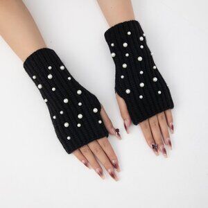 2/$30 Women's Black Knitted Fingerless Gloves with Pearl Accents Winter Fall